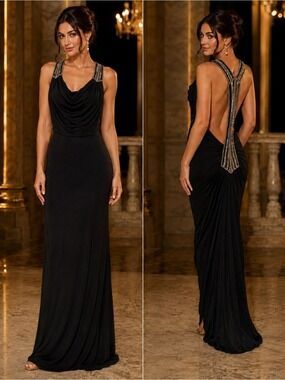 Jay Ahr Black Beaded Open Back Evening Gown Dress Size Medium